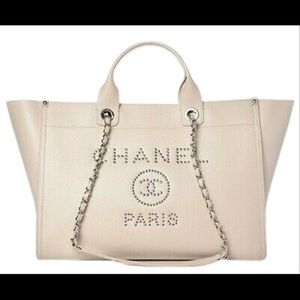 Chanel Shopping Bag Deauville Studded Extra Large Ivory Calfskin Leather Tote